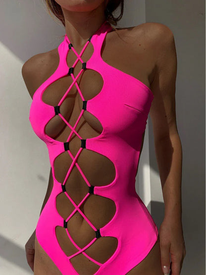 Bandage Women's Swimsuit Sexy Hollow Out Swimwear Extreme Microbikini One Piece Bodysuit Whole Halter Bathing Suit