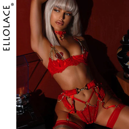 Fancy Lingerie Luxury Lace Push Up Half Cup Bra With Chain Hot Sexy Red Delicate Underwear Valentine Sissy Intimate