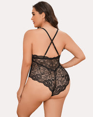 Snap Crotch Lace Bodysuit Deep V Teddy