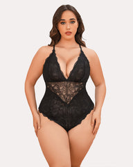 Snap Crotch Lace Bodysuit Deep V Teddy