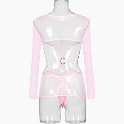 Sensual Lingerie Transparent Babydoll Sheer Mesh Cutout Waist Dress Hot Porn Outfit Uncensored Tulle Erotic Costume