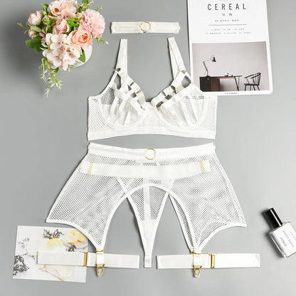 Sexy Hot Lingerie Luxury Hollow Out Exotic Sets With Garters Half Cup See Through Transparent Bra Underwear Women Set