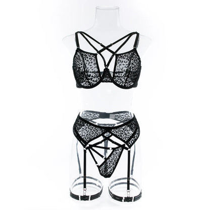 Ellolace Leopard Velvet Lingerie Sensual Cross Bra Kit Push Up See Through Sexy Outfits Sissy Exotic Sets Fancy Bilizna Set