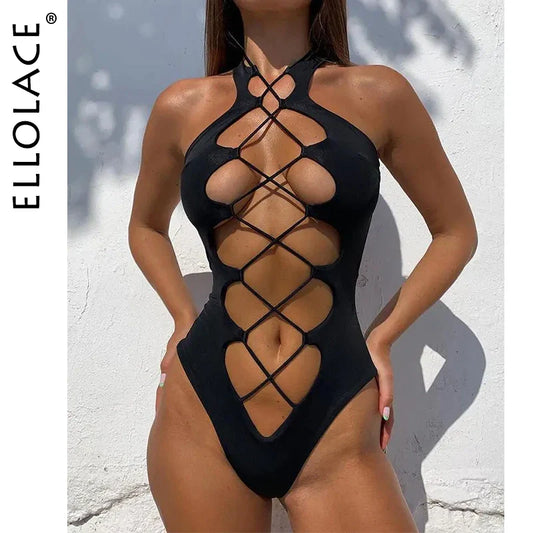 Bandage Women's Swimsuit Sexy Hollow Out Swimwear Extreme Microbikini One Piece Bodysuit Whole Halter Bathing Suit