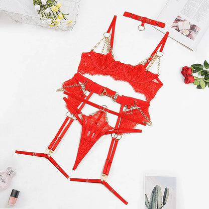 Fancy Lingerie Luxury Lace Push Up Half Cup Bra With Chain Hot Sexy Red Delicate Underwear Valentine Sissy Intimate