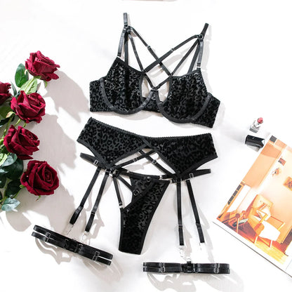 Ellolace Leopard Velvet Lingerie Sensual Cross Bra Kit Push Up See Through Sexy Outfits Sissy Exotic Sets Fancy Bilizna Set