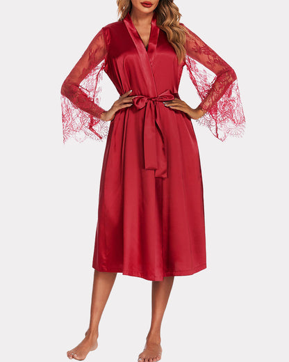 Robă kimono din dantelă florală, mâneci lungi, haine de noapte
