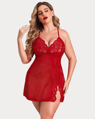 Plus Size Satin Lace Side Slit Chemise