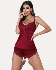 Satin Pajamas Set Lace Cami Shorts Set