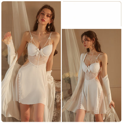 Sexy Lace See-through Temptation Underwire Push-up Padded Plus Size Camisole Dress Women's Homewear Set 2044