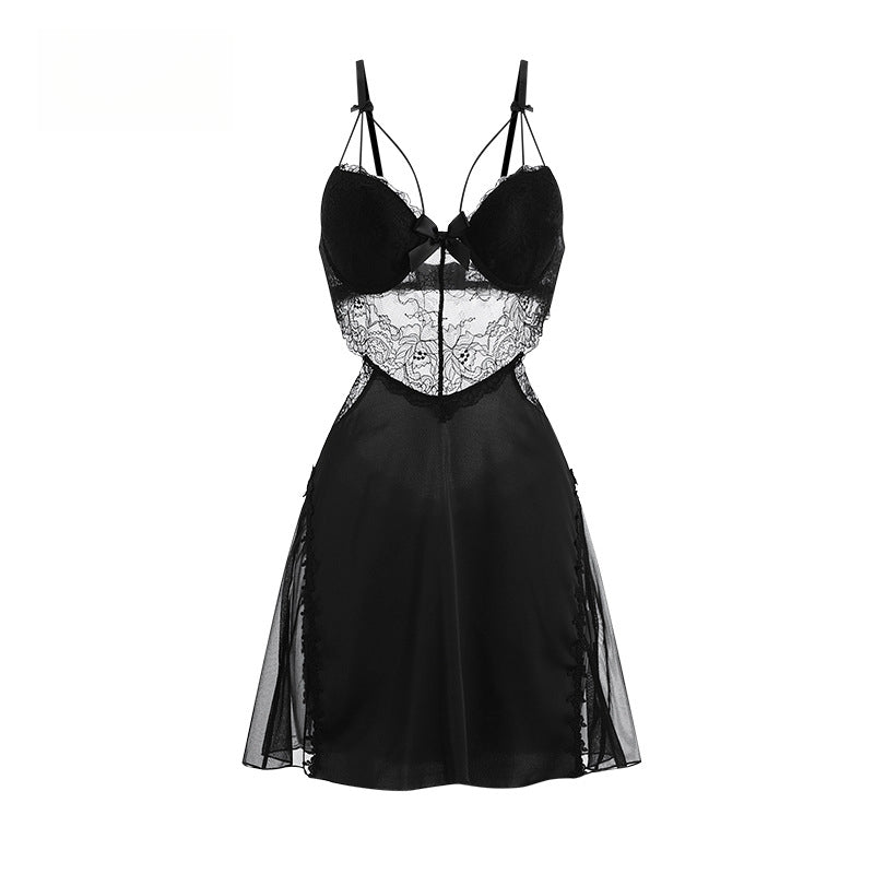 Sexy Lace See-through Temptation Underwire Push-up Padded Plus Size Camisole Dress Women's Homewear Set 2044