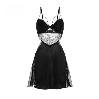 Sexy Lace See-through Temptation Underwire Push-up Padded Plus Size Camisole Dress Women's Homewear Set 2044
